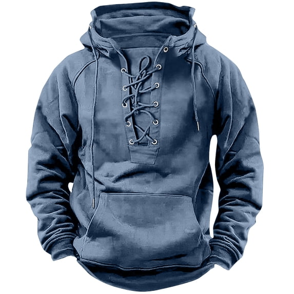 SSAAVKUY Mens Tactical Sweatshirts Lace Up Aztec Hooded Pullover Long Sleeve Cargo Workout Outdoor Hoodies with Pocket Blue 10