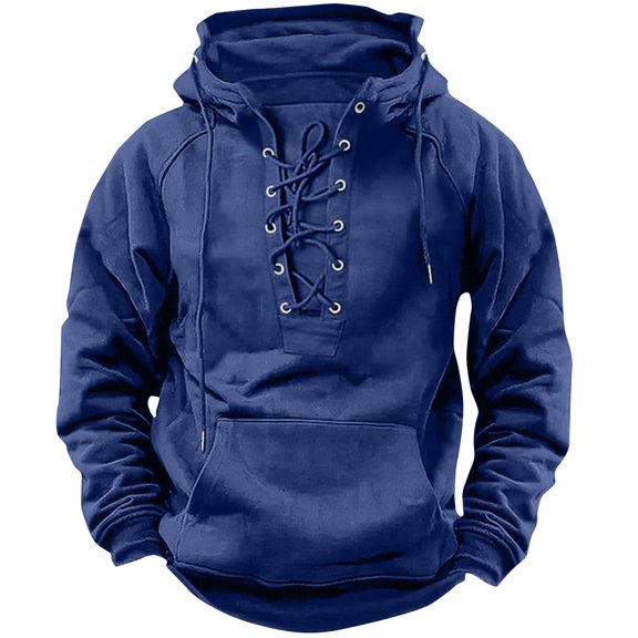 SSAAVKUY Mens Tactical Sweatshirts Lace Up Aztec Hooded Pullover Long Sleeve Cargo Workout Outdoor Hoodies with Pocket Dark Blue 4