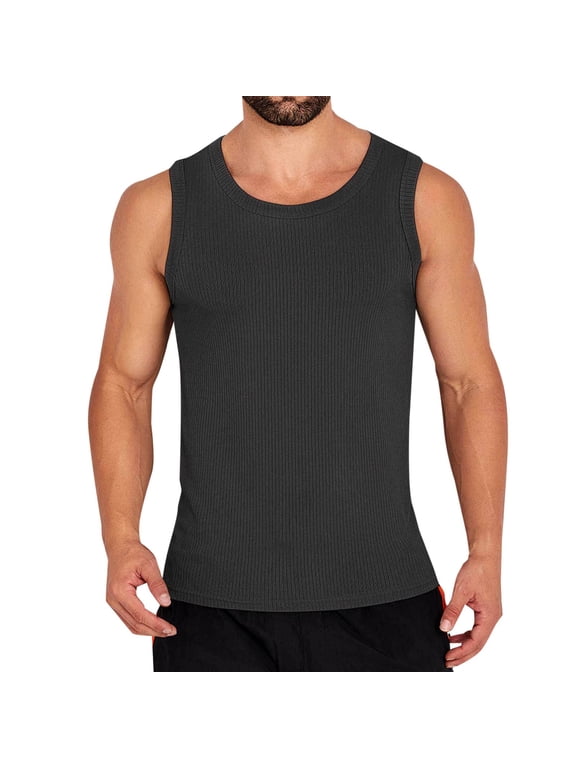 Mens Tank Top Undershirt Ribbed Knit Workout Tank Tops Summer Beach Sleeveless Shirts Stretch Gym Muscle Tee Shirt Black 12