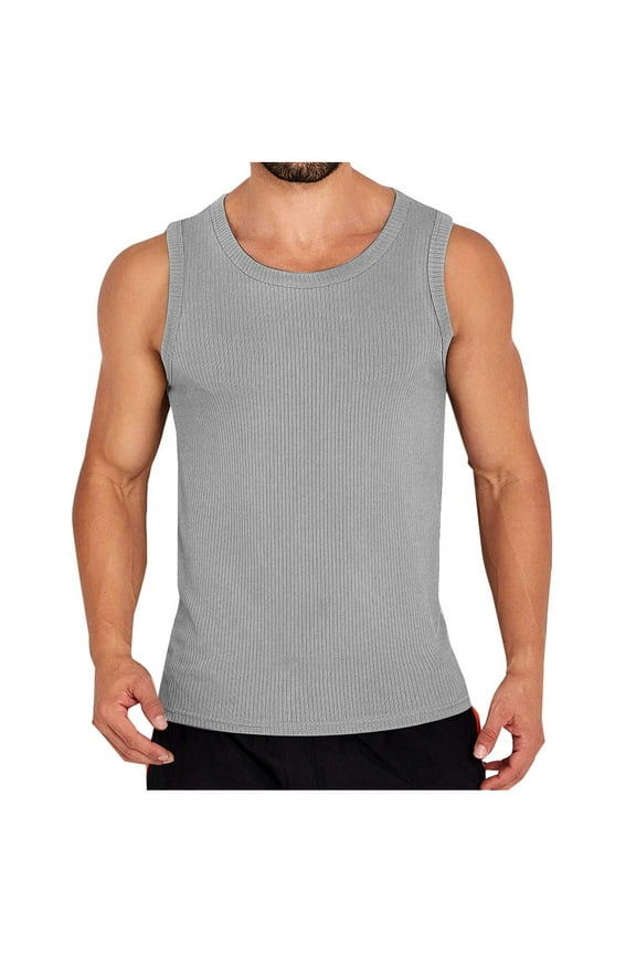 Mens Tank Top Undershirt Ribbed Knit Workout Tank Tops Summer Beach Sleeveless Shirts Stretch Gym Muscle Tee Shirt Gray 8