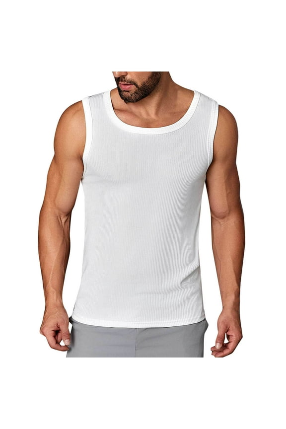 Mens Tank Top Undershirt Ribbed Knit Workout Tank Tops Summer Beach Sleeveless Shirts Stretch Gym Muscle Tee Shirt White 14