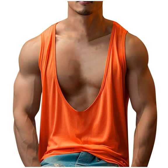 SSAAVKUY Mens Tank Tops Lightweight Athletic Sweat Vest Big V Neck Moisture Wicking Sleeveless Undershirts for Men Workout Casual Orange XL