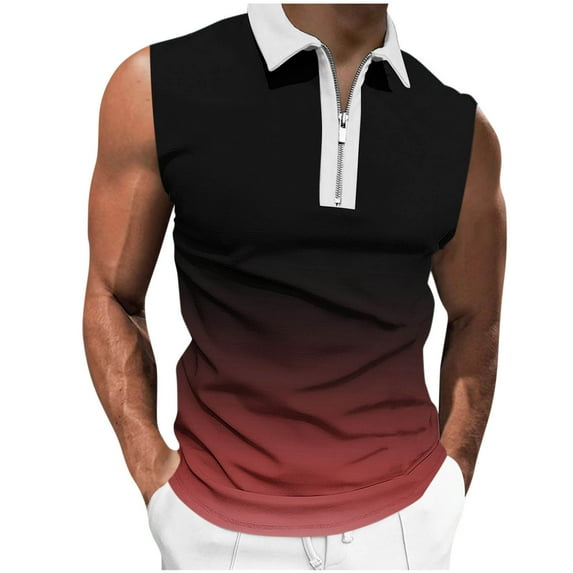 SSAAVKUY Mens Workout Tank Tops Quarter Zip Pullover Mesh Shirts Crewneck Gradient Graphic Print Sleeveless Undershirts Athletic Watermelon Red 14
