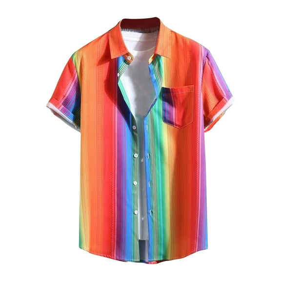 SSAAVKUY Rainbow Striped Print Men'S Short Sleeve Shirt Button Down, Casual Summer Cuban Beach Dress Top with Pocket Multicolor S