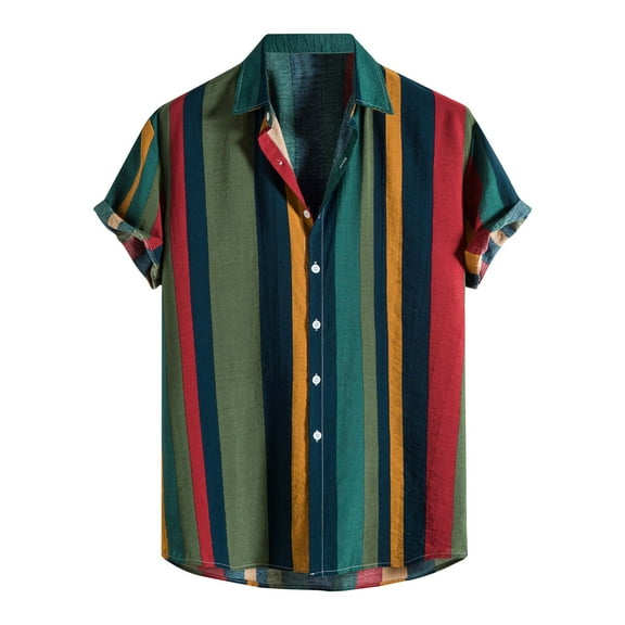 SSAAVKUY Rainbow Striped Print Men'S Short Sleeve Shirt Button Down, Casual Summer Cuban Beach Dress Top with Pocket Multicolor XXL