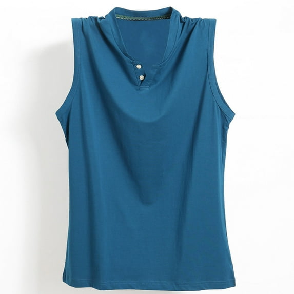 SSAAVKUY Savings Cotton Tank Tops for Men Solid Color Running Workout T Shirts Sleeveless Casual Button Down Comfy Gym Athletic Shirts Blue 10