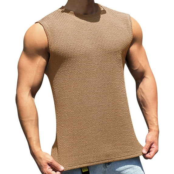 SSAAVKUY Savings Featur Workout Tank Tops for Men Summer Casual Sleeveless Crew Neck T Shirt Slim Fit Solid Color Sports Undershirt Tops Khaki M