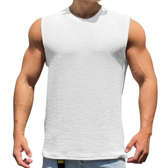 SSAAVKUY Savings Featur Workout Tank Tops for Men Summer Casual Sleeveless Crew Neck T Shirt Slim Fit Solid Color Sports Undershirt Tops White XL
