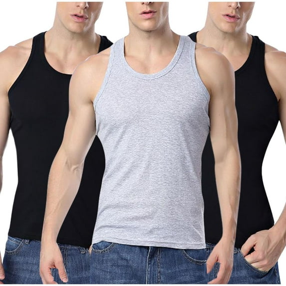 SSAAVKUY Savings Men's Sports Tank Tops Undershirts (Pack of 3) - Soft Cotton Blend, Sleeveless Tag Less A-Shirt Crew Neck - Comfortable Fit Dark Blue 12