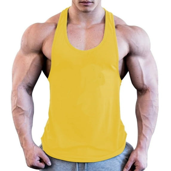 SSAAVKUY Savings Men’s Stringer Tank Tops Y-Back Bodybuilding Muscle Sleeveless T-Shirts Quick Dry Solid Gym Fitness Tank Shirts Yellow XXL