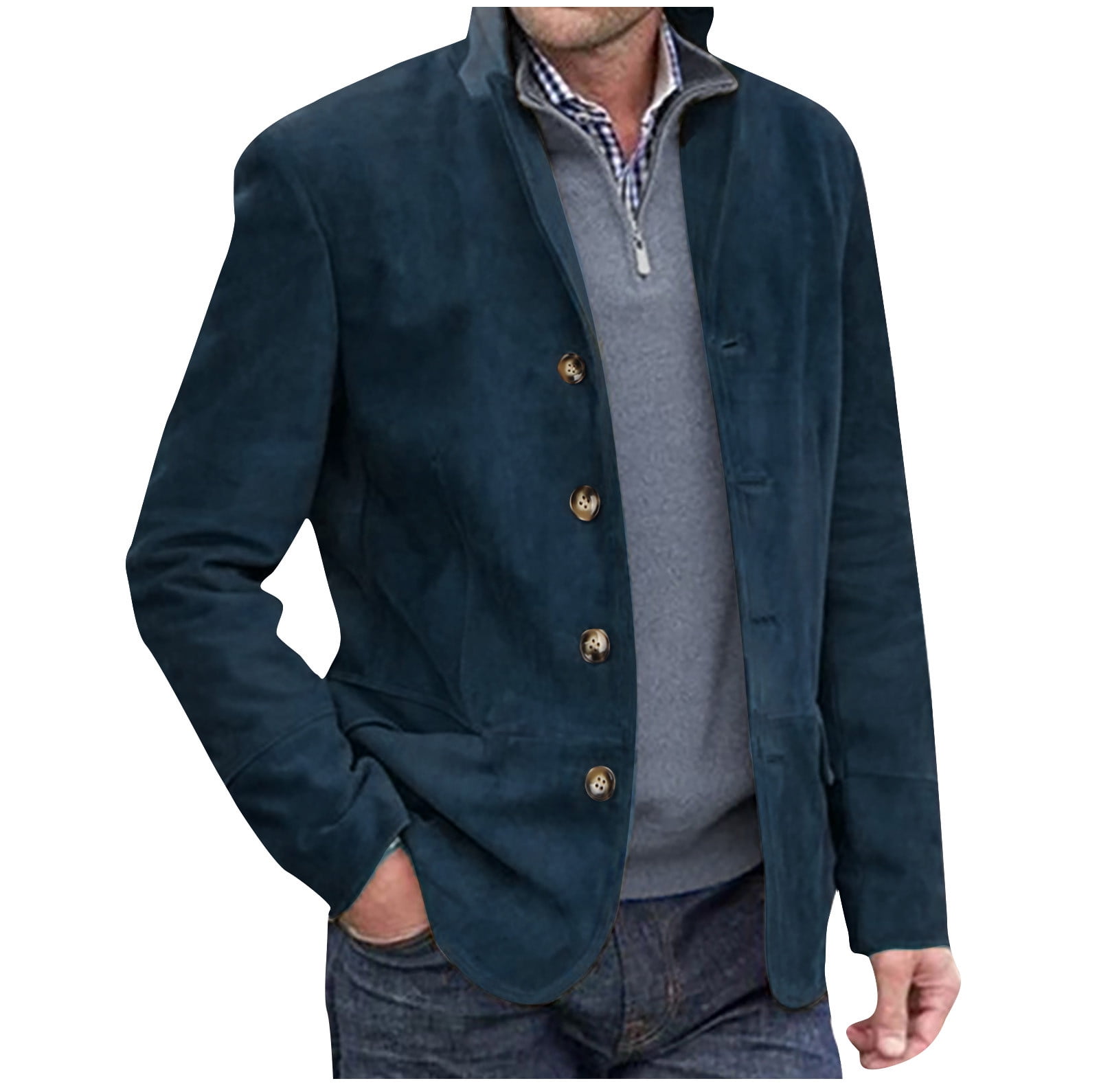 SSAAVKUY Savings Men s Suede Leather Blazer Jacket Slim Fit Sport Coat with Buttons Blue Casual Outwear Jackets for Men Trendy 2024 Dark Blue 10