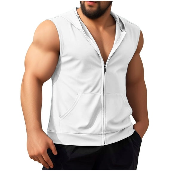 SSAAVKUY Savings Men's Workout Hooded Tank Tops Zip Up Bodybuilding Fitness Muscle T Shirt Sleeveless Gym Hoodie White 8
