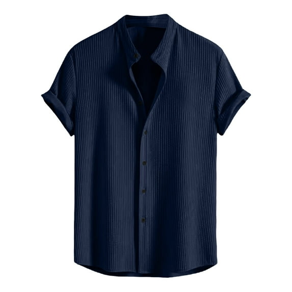 SSAAVKUY Savings Mens Button Down Solid Color Shirts Short Sleeves Textured Linen Casual Shirt Stand Collar Summer Beach Tops Navy 6