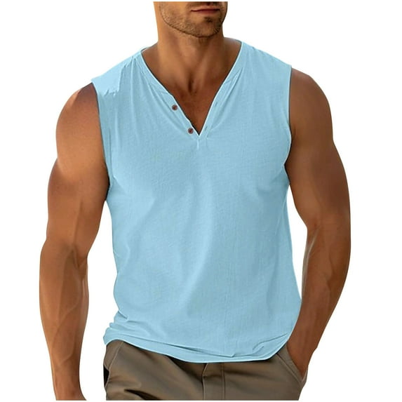 SSAAVKUY Savings Sleeveless Beach Shirts for Men Summer Tank Shirts Casual Henley Tank Top Sky Blue S