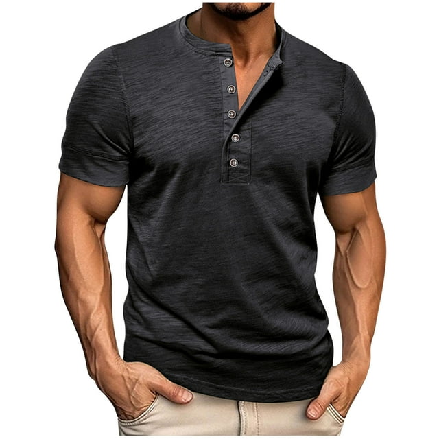 SSAAVKUY Slim Fit Muscle Henley Shirts for Men Short Sleeve Gym Workout Athletic Tee Shirts Casual Crewneck Button Up T-Shirt Black M