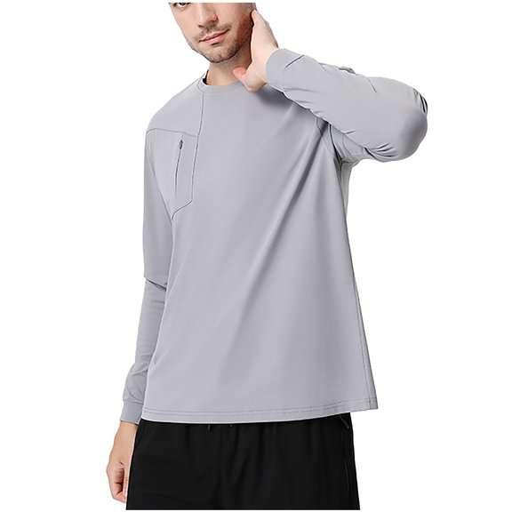 SSAAVKUY Spring Long Sleeved Round Neck Sports T Shirt for Men Quick Drying Outdoor Running Clothes Bust Zipper Pocket Casual Tops Mens Gray L
