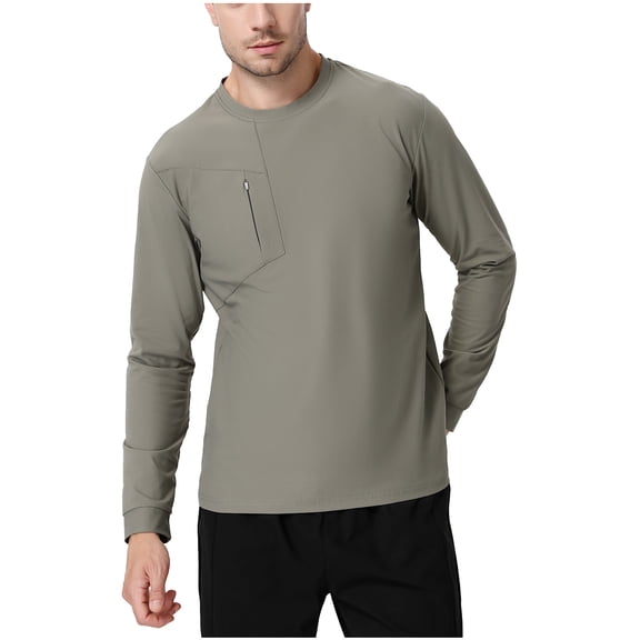 SSAAVKUY Spring Long Sleeved Round Neck Sports T Shirt for Men Quick Drying Outdoor Running Clothes Bust Zipper Pocket Casual Tops Mens Green M