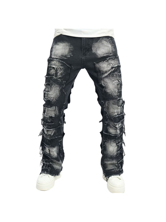 Stretch Stacked Jeans Mens Slim Fit Ripped Cargo Jeans Distressed Straight Leg Hip Hop Trousers with Pockets Black 4