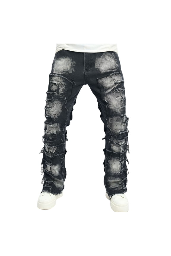 Stretch Stacked Jeans Mens Slim Fit Ripped Cargo Jeans Distressed Straight Leg Hip Hop Trousers with Pockets Black 8