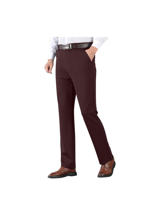 Trousers for Men Pocket Zipper Suit Pants Trousers Elastic Waist Straight Trousers Business Affairs Solid Pants Wine 4