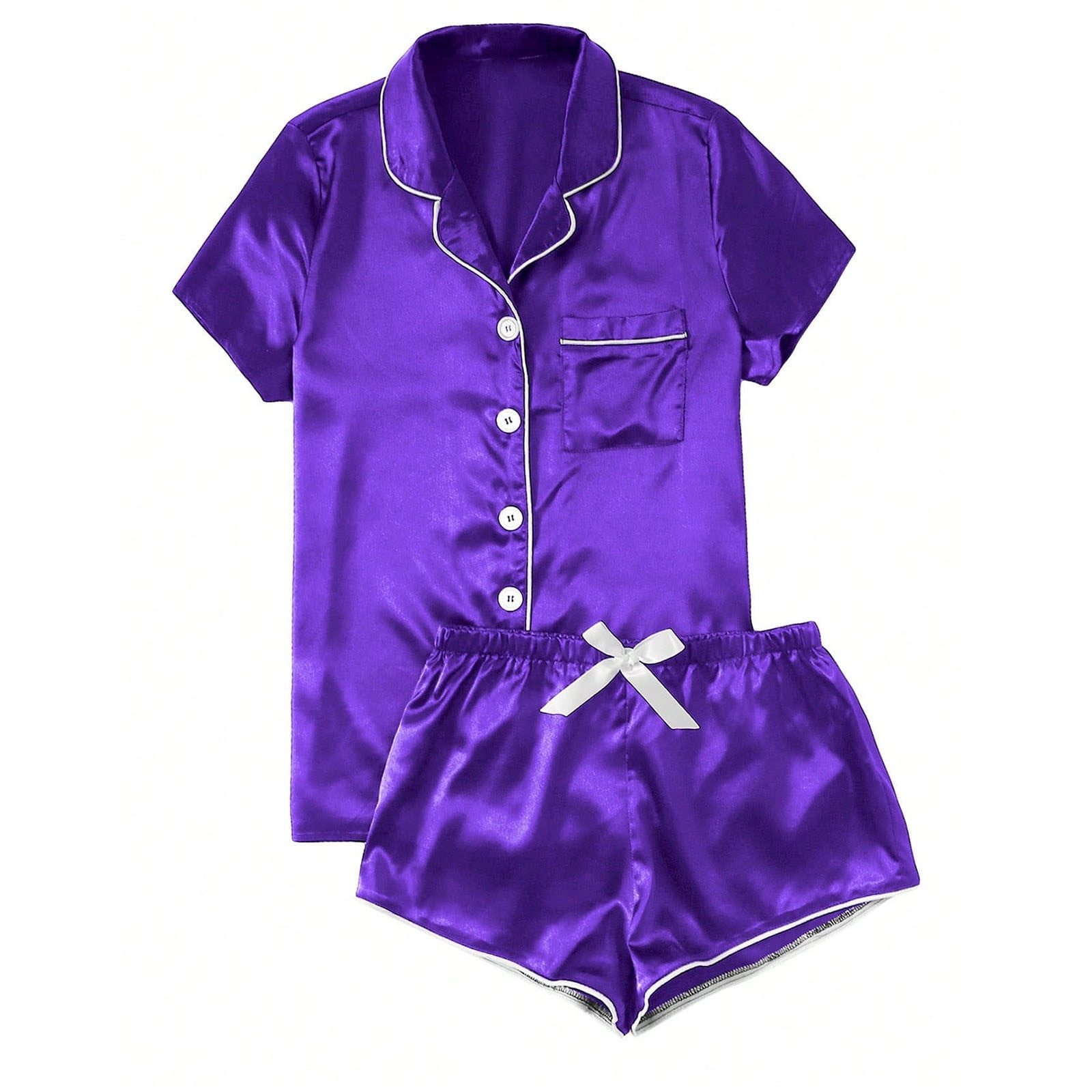 KCW Women's Satin Pajama Set - 2 Piece Short Sleeve Button Down Top & Shorts (Light Purple, XX-Large) - View #5