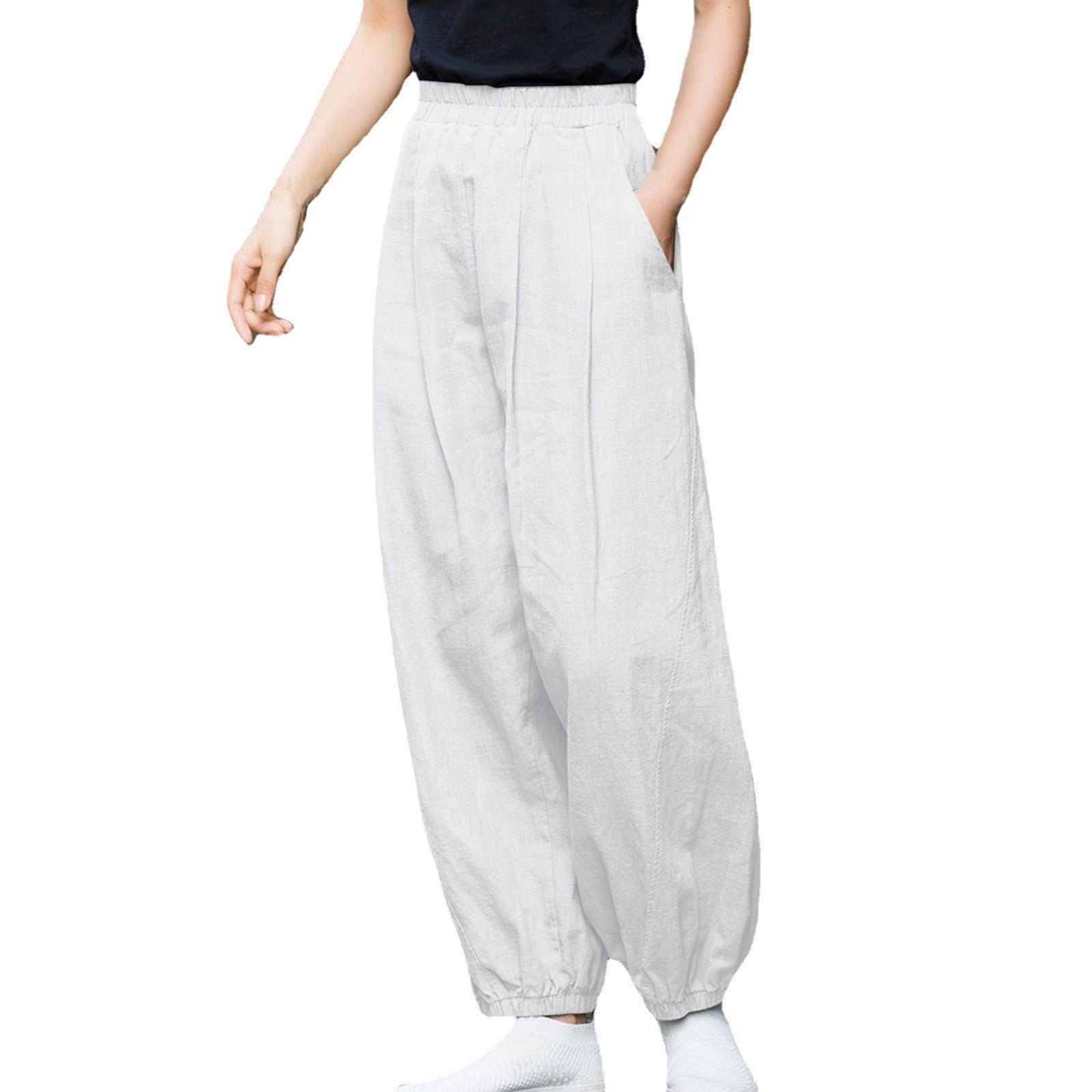 jovati Womens Summer Pants Lightweight Womens Fashion Summer Solid Cotton  Linen Casual Button Elastic Waist Long Pants 