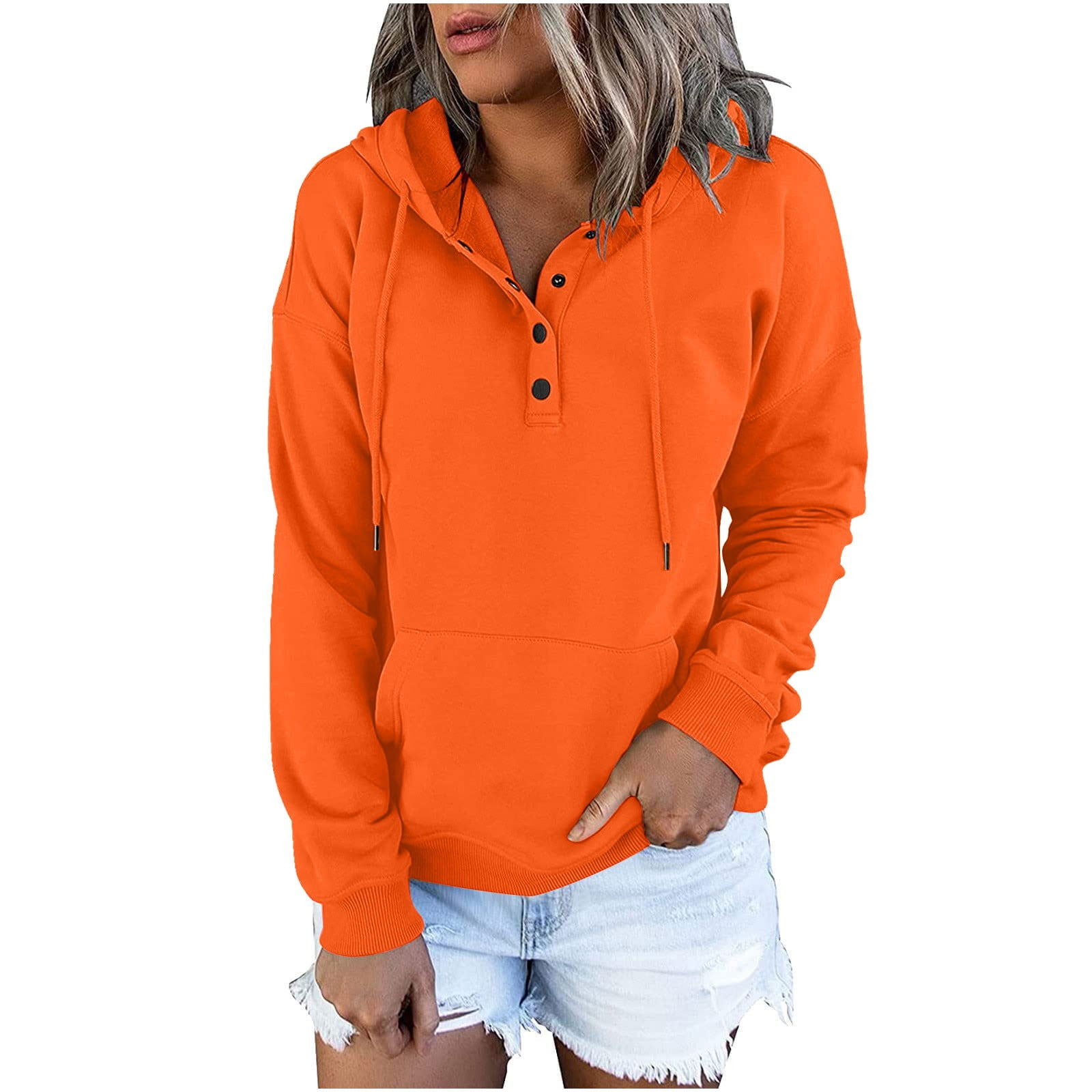 SSAAVKUY Womens Drawstring Hoodie Thick Sweatshirts Half Button Down Shirts Hip Wrap Comfy Loose Fit Casual Relaxed Sweater Drop Long Sleeve Pullover Stylish Vintage Solid Fall Tops Orange 6 Walmart.c...