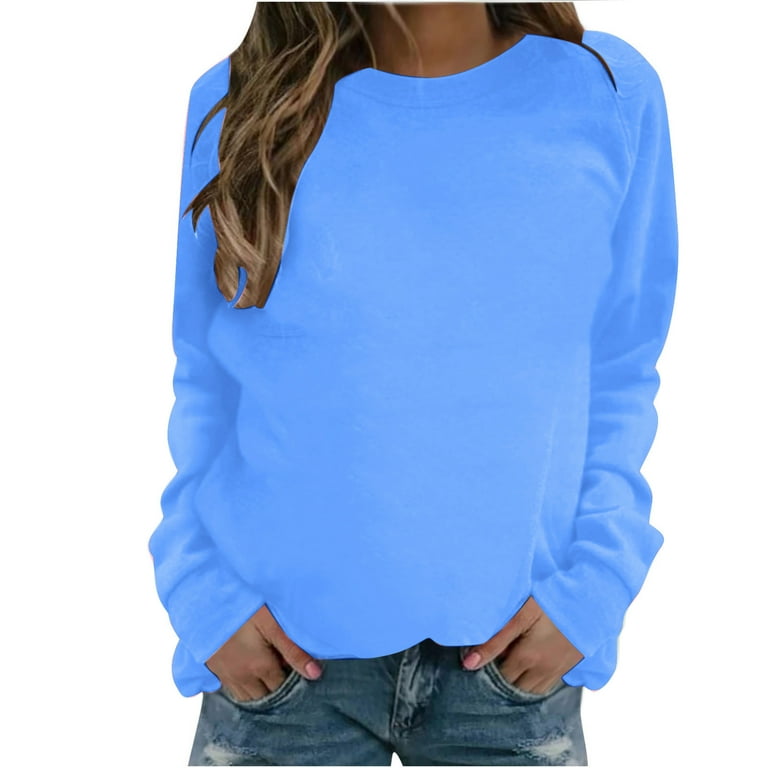 SSAAVKUY Womens Plus Size Hoodless Tunic Sweatshirt Fashion Solid Blouse  Crew Neck Pullover Athletic Dressy Fall Lightweigh Loose Tees Fashion  Winter 2023 Gifts Relaxed Blue 4 