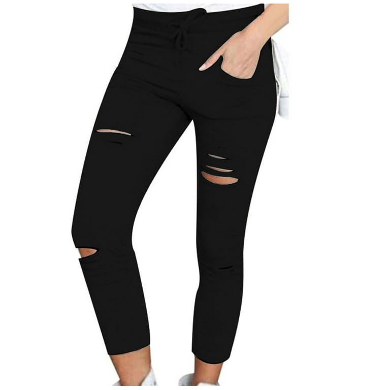 SSAAVKUY Womens Solid Color Perforated Pencil Pants Hole Breaking Bottom  Slim Fit Leggings Casual Slit Slim Trousers2023 Black XXXL 