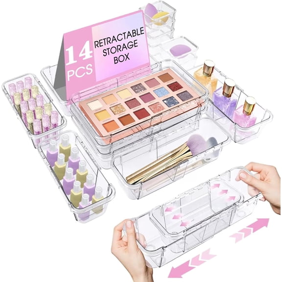 SSAWcasa 14 Pcs Extendable Clear Drawer Organizer, Adjustable Vanity Storage Box, 3-Size Desk Drawer Organizer, Non-Slip Storage Bins for Cosmetics, Jewelries, Stationeries, Tools, Cutleries