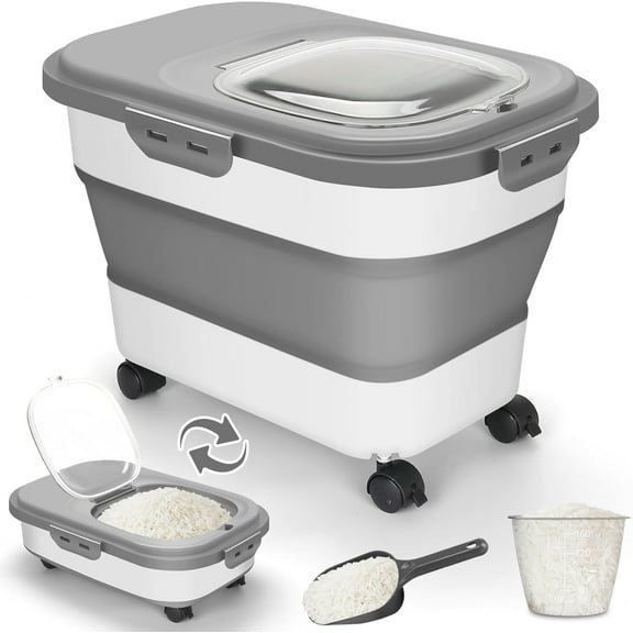 SSAWcasa 20 lb Dog Food Storage Containers with Wheels and Lids, Collapsible Pet Cat Food Storage Bin, 30 lb Airtight Rice Cereal Storage Bucket with Measuring Cup and Scoop (Gray)