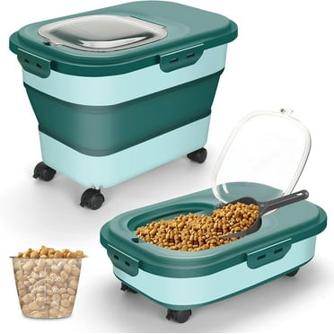 SSAWcasa 20 lbs Dog Food Storage Container Collapsible Pet Food Containers with Wheels and Airtight Lid, 30 lbs Kitchen Rice Storage bucket with Scoop＆Measuring Cup, Dry Food Storage Bins (Dark Green)