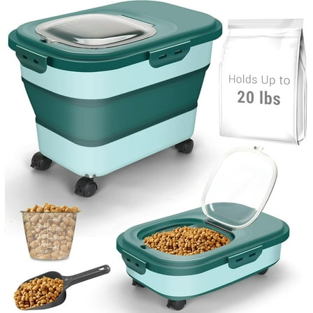 SSAWcasa 20 lbs Dog Food Storage Container Collapsible Pet Food Containers with Wheels and Airtight Lid, 30 lbs Kitchen Rice Storage bucket with Scoop＆Measuring Cup, Dry Food Storage Bins (Dark Green)