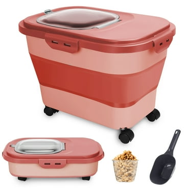 SSAWcasa 20lb Dog Food Container with Rotating Wheels, 30lb Collapsible Airtight Rice Storage Bucket with Scoop and Measuring Cup, Dog Food Storage Dispenser (Pink)