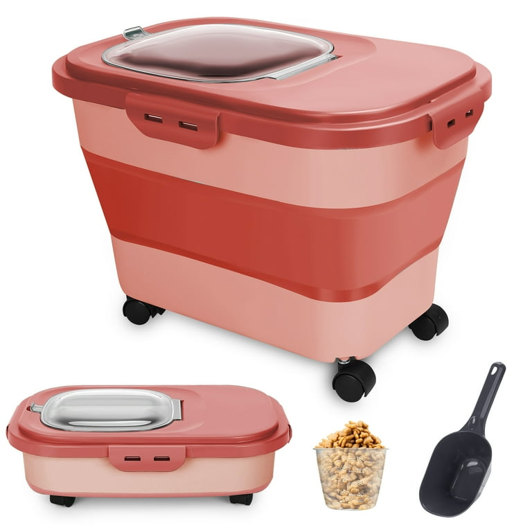 SSAWcasa 20lb Dog Food Container with Rotating Wheels 30lb Collapsible Airtight Rice Storage Bucket with Scoop and Measuring Cup Dog Food Storage