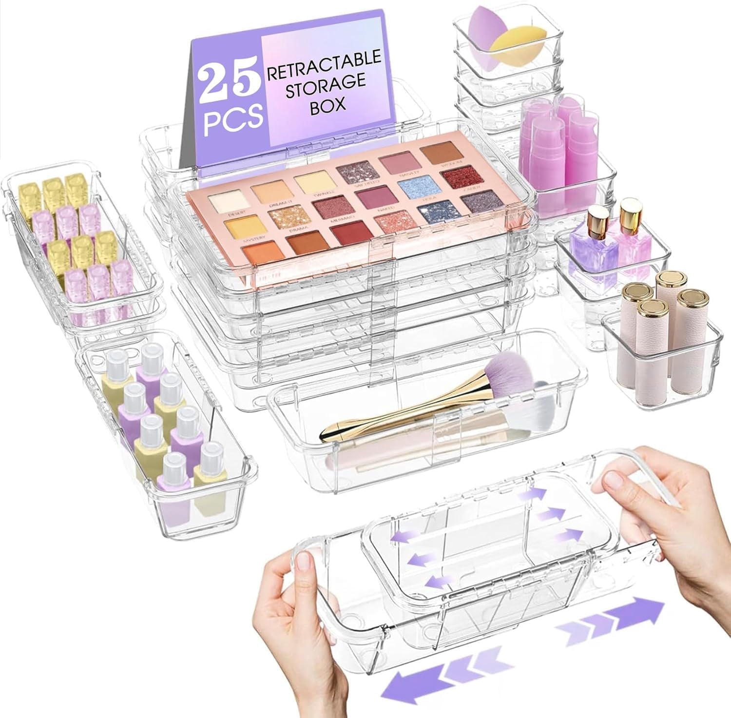 SSAWcasa 25 Pcs Extendable Clear Drawer Organizer, Adjustable Vanity Storage Box, 3-Size Desk Drawer Organizer, Non-Slip Storage Bins for Cosmetics, Jewelries, Stationeries, Tools, Cutleries