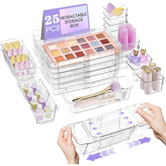 SSAWcasa 25 Pcs Extendable Clear Drawer Organizer, Adjustable Vanity Storage Box, 3-Size Desk Drawer Organizer, Non-Slip Storage Bins for Cosmetics, Jewelries, Stationeries, Tools, Cutleries