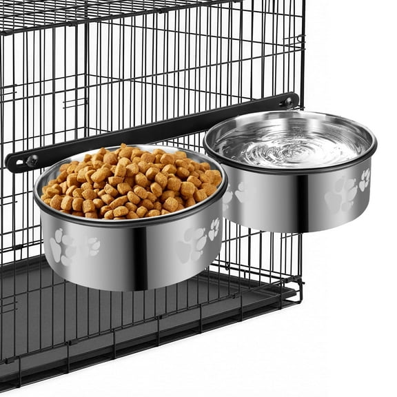 SSAWcasa 2Pcs Dog Crate Water Bowl No Spill, Stainless Steel Food and Water Bowls Hanging for Dog Cage, Crate, Kennel, Removable Coop Cage Cup for Large＆Medium Dogs, Pets - Silver
