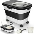thumbnail image 1 of SSAWcasa Dog Food Storage Container 20lb Collapsible Pet Cat Food Bins with Lid and Wheels, Measuring Cup and Scoop Airtight Dry Food Storage Bucket for Pet Food,Rice,Cereals (Black), 1 of 9