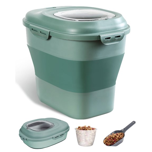 SSAWcasa Dog Food Storage Container,30lbs Collapsible Pet Food Containers with Airtight Lid and Wheels,50lbs Kitchen Cereal Rice Containers,Large Pet food storage Bin(Green)