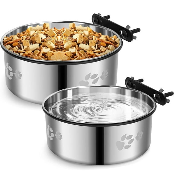 SSAWcasa Kennel Water Bowl Hanging, 2Pcs Stainless Steel Dog Crate Bowls for Food and Water, Removable Pet Feeding Bowls No Spill for Medium&Small Dogs, Cats, Pets - M (6.3x2.5''&5.5×2.4'')