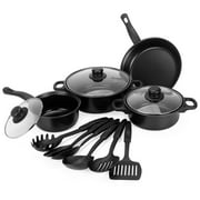 Unbranded Non-Stick Cookware Set, Small Portable Cast Iron Pots and Pans with Glass Lids and Nylon Utensils for Outdoor Cooking - 13 Piece Set, Black