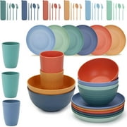 SSAWcasa Wheat Straw Dishware Dinnerware 4 Sets (36Pcs), Unbreakable Multicolor Eco Friendly Reusable Plates Bowls & Cups - Dishwasher, Microwave Safe, BPA Free, Ideal for Dinner/Picnic/Camping