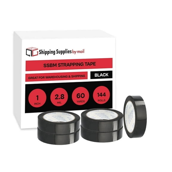 SSBM 1" x 60 Yards Black Strapping Tape, 2.8 Mil, For Packing, Reinforcing, and Securing, 144 Rolls