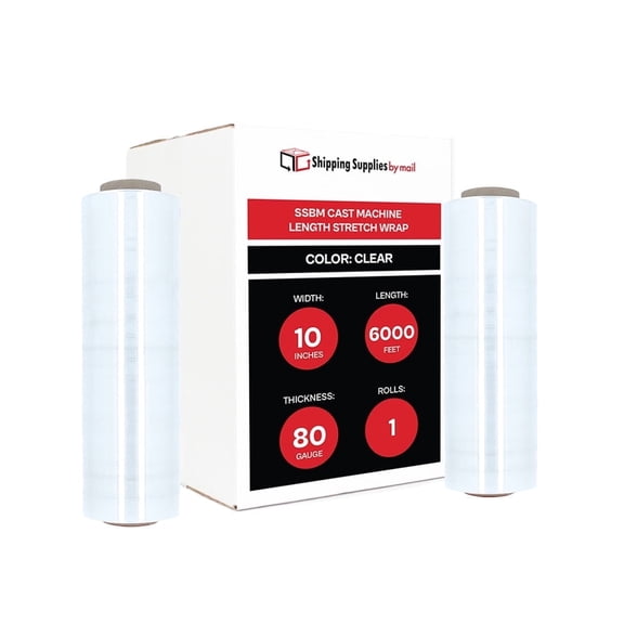 SSBM Machine Length Stretch Wrap 10" x 6000' 1 Roll 80 Gauge Clear Quiet Unwind Shrink Film for Wrapping Packing Storing
