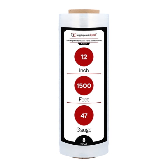 SSBM Hand Stretch Wrap 12" x 1500' 8 Rolls 47 Gauge Clear Plastic Quiet Unwind Film for Packing and Wrapping