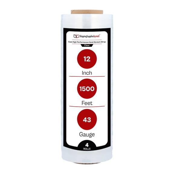 SSBM Hand Stretch Wrap 12" x 1500' 4 Rolls 43 Gauge Clear Plastic Shrink Film Self Adhesive for Packing and Wrapping
