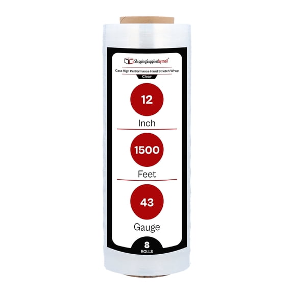 SSBM Hand Stretch Wrap 12" x 1500' 8 Rolls 43 Gauge Clear Plastic Down Gauge Film for Moving Packing and Wrapping