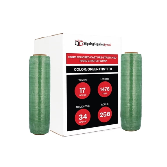 SSBM 17" x 1476' 3" Core Colored Film Plastic Green Hand Strech Wrap for Branding, Irregular Shaped Items, Resistance from Dust and Dirt, 34 Gauge, 256 Rolls