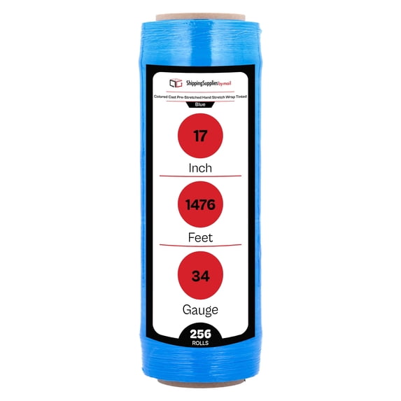SSBM 17" x 1476' 3" Core Pre-Strech Blue Colored Film Plastic Hand Stretch Wrap for Branding, Irregular Shaped Items, 34Ga, 256 Rolls